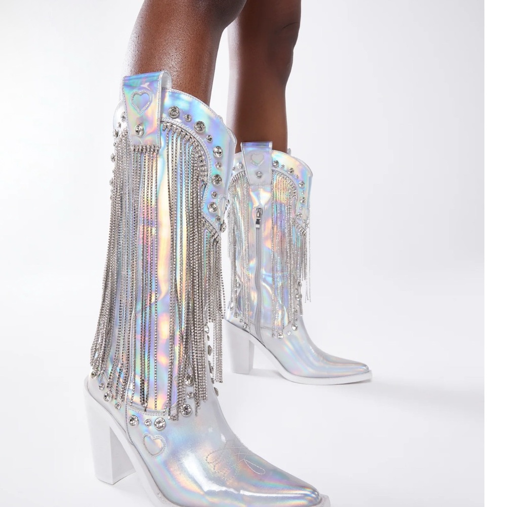 Holographic Fringe Cowboy Boots